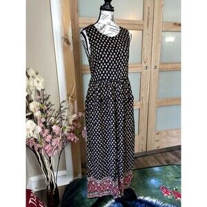 S Roberts Floral Sleeveless Midi Dress Border Hem Boho Vintage Cottagecore M